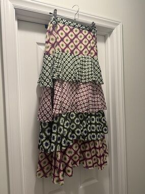Marie Oliver Tiered Geometric Print Maxi Skirt in Green, Pink and Cream